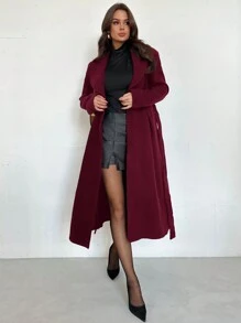 Firerie New Elegant Notched Collar Long Sleeve Cinched Waist A-Line Overcoat With Self-Tie Belt, Spring/Summer Outfits, Suitable For Valentine's Day - Burgundy - View 6