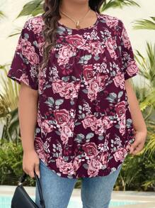 EMERY ROSE Plus Size Women Casual Round Neck Floral Printed T-Shirt Top