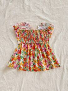 Soleia 春夏女士度假蜡笔色印花抹胸上衣，饰有荷叶边、前系蝴蝶结和腰部镂空拼接，适合情人节、度假、婚礼、夏季、狂欢节、生日等场合穿着。