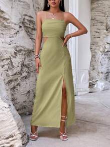 SHEIN VCAY Vacation Casual Solid Color Backless High Slit Strap Dress,Sage Green Dress - Mint Green - View 6