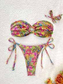 SHEIN Swim Women Floral Print Bandeau Bikini Set, Printed Swimwear Top And Bottoms Separates, For Summer Beach Vacation - Multicolor - View 3