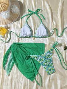 SHEIN Swim Bộ trang phục đi biển mùa hè 3 món cho nữ, áo ngực hở lưng, áo tankini ren hai bên họa tiết cây cọ, quần bikini buộc dây hai bên, váy đi biển xẻ tà buộc dây, phong cách lễ hội Boho - màu xanh lá - Xem 2