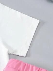 SHEIN Bộ 2 món Áo thun tay ngắn in họa tiết màu trắng thời trang cho bé trai lớn tuổi và quần dài thể thao màu hồng, trang phục thường ngày - Hồng - Xem 3