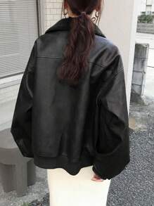 FRIFUL Chaqueta de mujer de manga larga de PU con cierre delantero de cremallera, bolsillos y detalle de cuello de piel de cordero