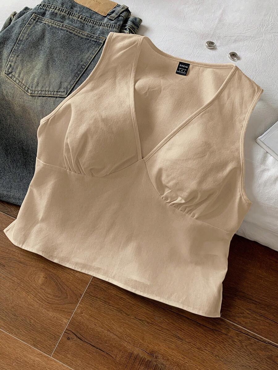 Comfortcana Women's New Linen-Color V-Neck Linen Tank Top - Apricot - View 1