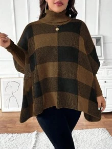SHEIN Unity Plus Size Women Plaid High Neck Batwing Sleeve Loose Pullover Sweater, Autumn/Winter For New Year Knit Pullover Fall Sweater