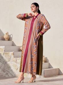 Al Najma Ramadhan Color Block Patchwork Long Arabian Dress Women's Turkish Maxi Dress & Arabian Traditional Abaya Kaftan Jalabiya Dress - Red - View 4