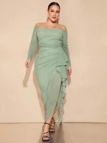 SHEIN BAE Plus Size Women's Off Shoulder Ruched Ruffle Trim Flowy Elegant Party Maxi Bodycon Dress, Green - Mint Green - View 7