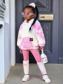 SHEIN Hanorac și jambiere de pluș cu buzunar cangur pentru fetiță Tie Dye