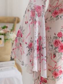 Soleia Plus Size Women's Resort Spring V-Neck Floral Print Mesh Ruffle Trim Flare Long Sleeve Mini Dress - Multicolor - View 5