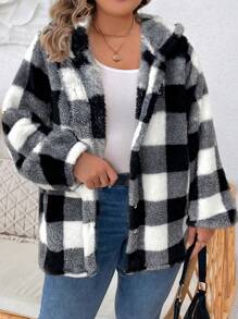 SHEIN LUNE Plus Size Có mũ trùm đầu in kẻ sọc dài tay áo khoác thời trang rộng rãi - Đen và trắng - Xem 4
