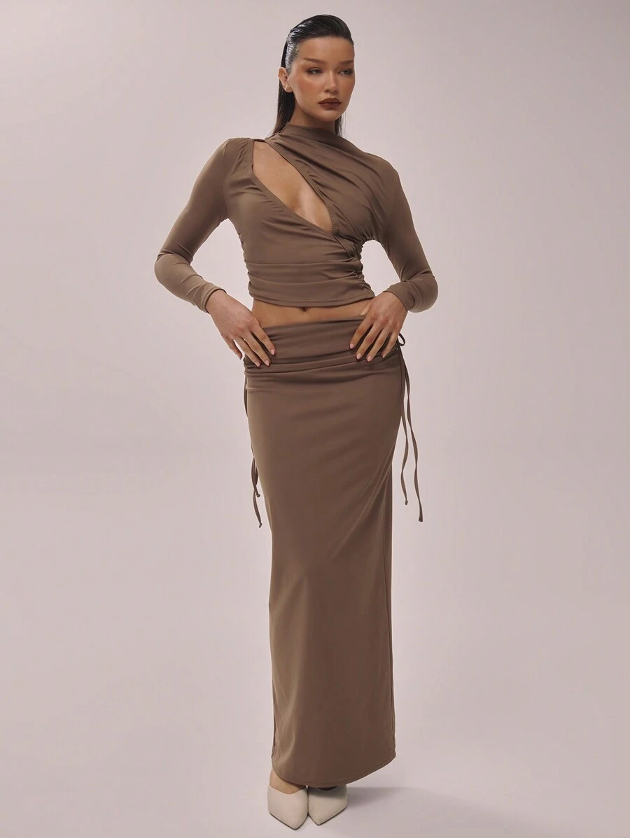 MUSERA 性感优雅的低腰褶皱系带长裙，适合夏季休闲、派对等各种场合。 - 棕色 - 查看 1