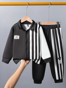 2 件套 幼儿男孩纯色拼布拉链长袖上衣和裤子 - 彩色 - 查看 1