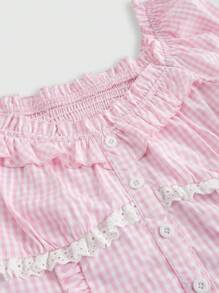 ROMWE Kawaii Áo cánh tay bồng kẻ caro viền bèo nhún Himekaji mùa hè cho nữ - Hồng - Xem 3