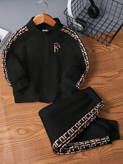 SHEIN 2pcs Young Boys' Sport & Casual Comfortable Funny Letter Print Trim Loose Stand Collar Zip-Up Jacket & Pants Set, Suitable For Traveling, School, Gathering, Autumn/Winter, Back To School Outfits, Fall Outfits