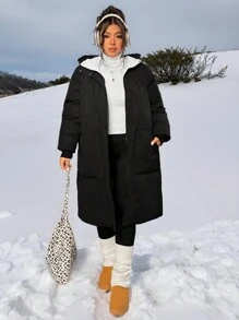 SHEIN EZwear Plus Size Hooded Zipper Plain Jacket, Casual & Fashionable For Everyday Wear, Winter