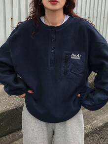 FRIFUL Sudadera holgada de manga larga con cuello redondo y bolsillo con decoración de estampado de letras para mujer, blusas de manga larga