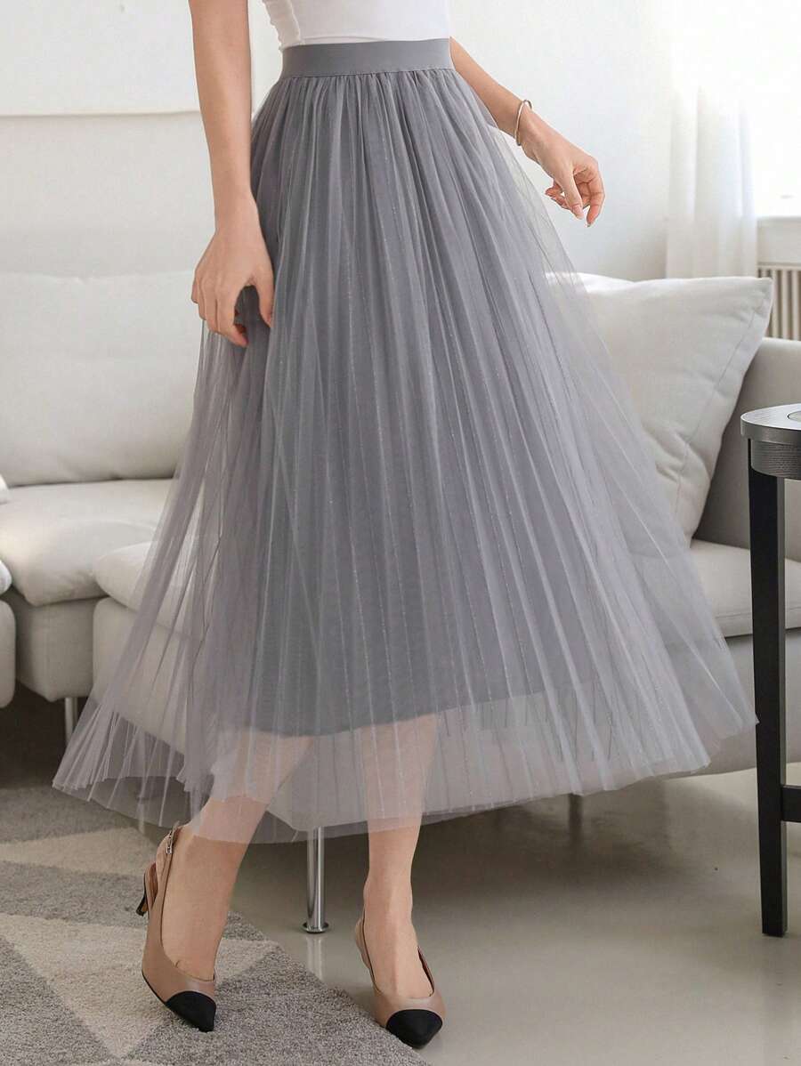 DAZY 女士亮片褶皱网纱弹力腰A字裙 - 藍色 - 查看 1