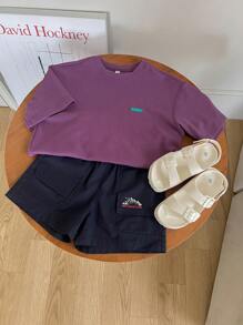 DAZY Băiat tânăr ocazional tricou cu umăr căzut cu litere, cu imprimeu supradimensionat