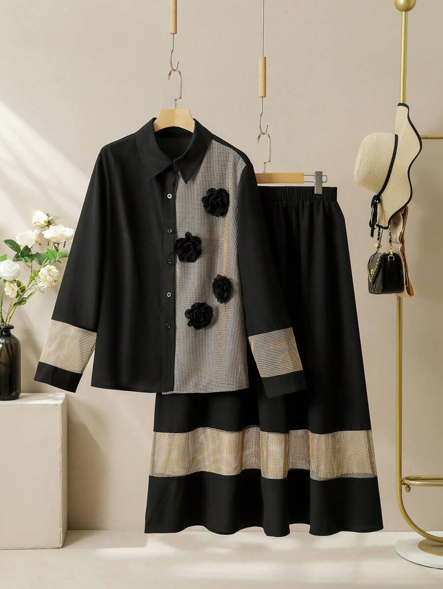 Lacomfia 大码简约时尚 3D 花朵装饰撞色长袖上衣和裙子 2 件套