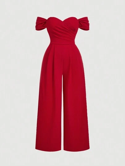 SHEIN MOD 大码女式纯色露肩褶饰简约休闲天鹅绒紧身连体裤，女式连体裤，公主女装，新年，情人节