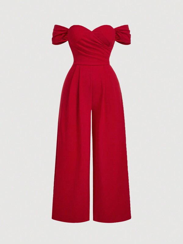 SHEIN MOD Plus Size Femei Roșu Culoare uni Umăr înfășurat Salopetă slabă din catifea ocazională simplă, Salopetă pentru femei, Costum de prințesă pentru femei, Anul Nou, Valentine