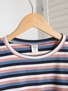 SHEIN Leap Crew Tween Girls' Casual Knit Colorful Striped Long Sleeve Top - Dusty Blue - View 5