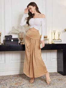 Modelyn 女式韩版小众设计通勤修身高腰褶皱拼接垂褶裙子 - 卡其色 - 查看 6
