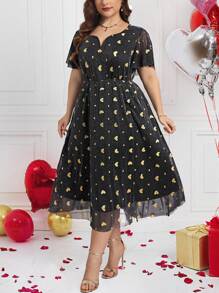 SHEIN Clasi Váy trái tim lấp lánh bằng vải ren vàng cỡ lớn quyến rũ tay áo xếp nếp cho ngày lễ tình nhân dự tiệc - Nhiều màu - Xem 5