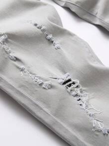 Manfinity Homme 男式休闲破洞锥形牛仔裤 - 淺灰色 - 查看 4