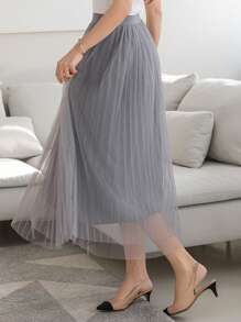 DAZY 女士亮片褶皱网纱弹力腰A字裙 - 藍色 - 查看 5