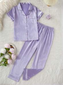 Set de 2 piezas de pijama con bordado de corazón en manga corta y pantalones, tacto sedoso, para vacaciones
