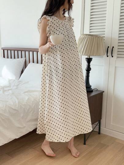 DAZY 可爱圆点印花皱褶面料宽松荷叶边下摆睡袍睡衣
