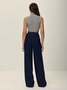 Poéselle 女式双排扣牛仔裤直筒蓝色牛仔裤女装波西米亚风夏季女式宽松牛仔裤低腰牛仔裤宽松女式牛仔裤复古下装夏季女式高腰牛仔裤女式牛仔裤，宽松牛仔裤 - 深色水洗藍 - 查看 4