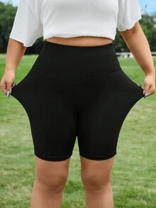 SHEIN EZwear Quần short nữ cỡ lớn, màu trơn, đa năng, kiểu dáng thường ngày. - màu đen - Xem 6