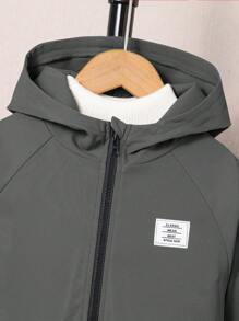 SHEIN 2Pcs Young Boys Casual Practical Kangaroo Pocket Hooded Zip-Up Jacket & Solid Drawstring Jogger Pants Set, Suitable For Outing, School, Daily Gatherings, Autumn/Winter - Light Grey - View 5