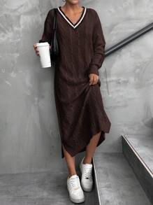 EURMUSE V-Neck Black Contrast Color Design Braided Pattern Maxi Women Dress - Chocolate Brown - View 3