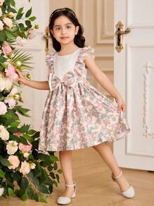 Glamorique Kids Young Girl Round Neck Floral Print Dress With Bow Decoration