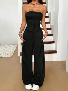 SHEIN EZwear Bộ 2 áo liền quần màu trơn cho nữ và quần ống rộng có túi, thường ngày - màu đen - Xem 3