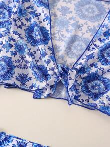 3 stuks/set badkleding voor meisjes, mesh top met vintage porseleinen bloemenprint