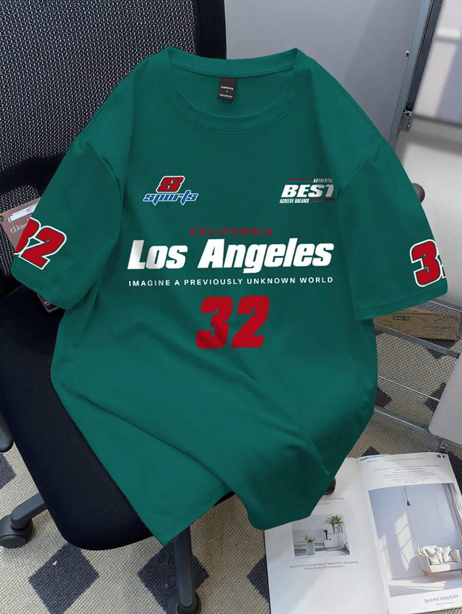 Claim Dot 大码男士圆领短袖字母印花休闲 T 恤 - 墨綠色 - 查看 1