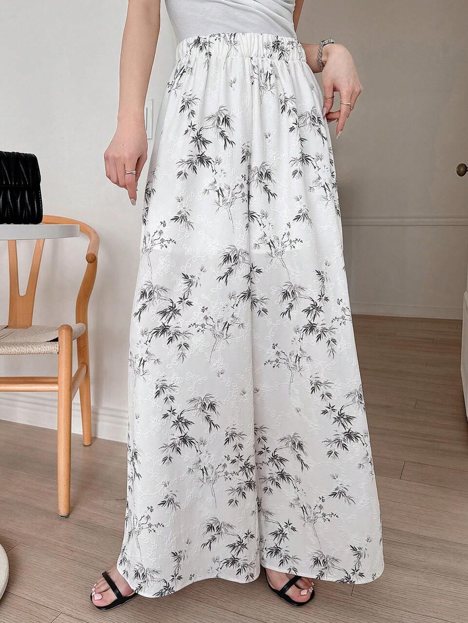 Textured All Over Floral Pattern Loose Wide Leg Pants With Elastic Waist, Elegant Summer Women Trousers,Teacher Pants Boho Vacation Outfits Women