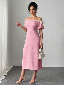 Rafferiza Vestido elegante con escote descubierto, lazo y decoración de perlas falsas