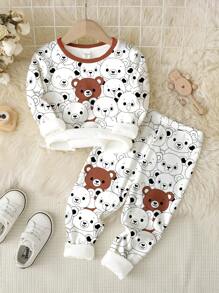 SHEIN Tutina casual comoda da bambino con stampa di orsacchiotto, stile minimalista, morbida e avvolgente, collo equipaggio, maniche lunghe, adatta per l'autunno e l'inverno