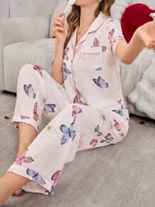 Bubble Wrinkle Butterfly Print Short Sleeve Top & Pants Pajama Set - Multicolor - View 6