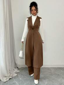 Elenzga Áo khoác Maxi dáng chữ A không tay ve dài thanh lịch kèm quần dài Bộ 2 món - màu nâu - Xem 5