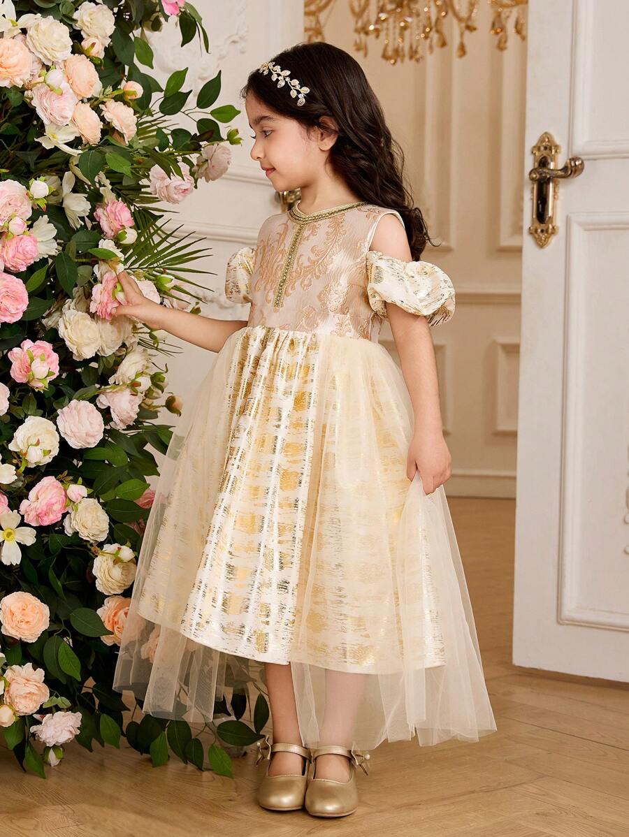 Glamorique Kids Vestido de fiesta azul de jacquard sin mangas elegante para niña, de tela con textura de alta calidad, vestido de princesa con tul sofisticado, adecuado para fiestas de lujo, actuaciones y ocasiones especiales - Albaricoque - Ver 1