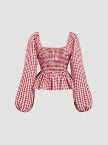 Sweetra 法式复古可爱红白格子心形印花长袖女衬衫，百搭百搭，适合情人节 - 紅白色 - 查看 2