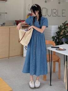 DAZY Đầm denim dài thường ngày xếp nếp tay ngắn cài nút phía trước cho nữ mùa hè - Màu xanh lam - Xem 4