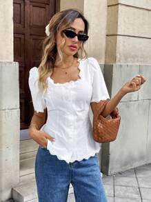 Pariaura Women's Elegant French Lace Patchwork Cotton Short Sleeve Blouse